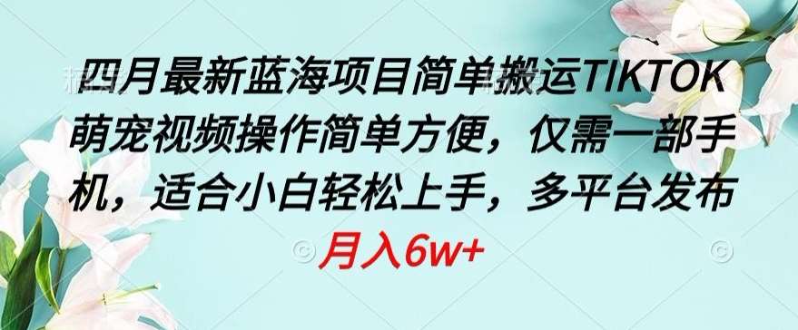 四月最新蓝海项目，简单搬运TIKTOK萌宠视频，操作简单方便，仅需一部手机【揭秘】云深网创社聚集了最新的创业项目，副业赚钱，助力网络赚钱创业。云深网创社