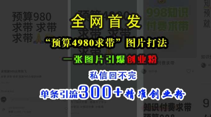 小红书“预算4980带我飞”图片打法，一张图片引爆创业粉，私信回不完，单条引流300+精准创业粉云深网创社聚集了最新的创业项目，副业赚钱，助力网络赚钱创业。云深网创社