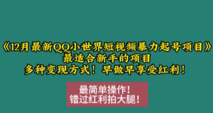 12月最新QQ小世界短视频暴力起号项目，最适合新手的项目，多种变现方式云深网创社聚集了最新的创业项目，副业赚钱，助力网络赚钱创业。云深网创社